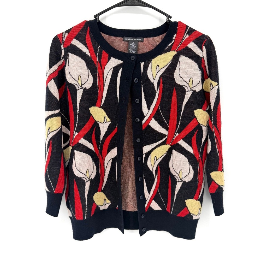 Chelsea & Theodore Cardigan Floral Calla Lily Small Black Red Wool Blend Sweater
